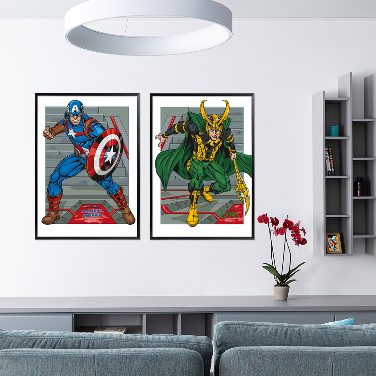 Poster Captain America vs Loki im Rahmen und Raumansicht