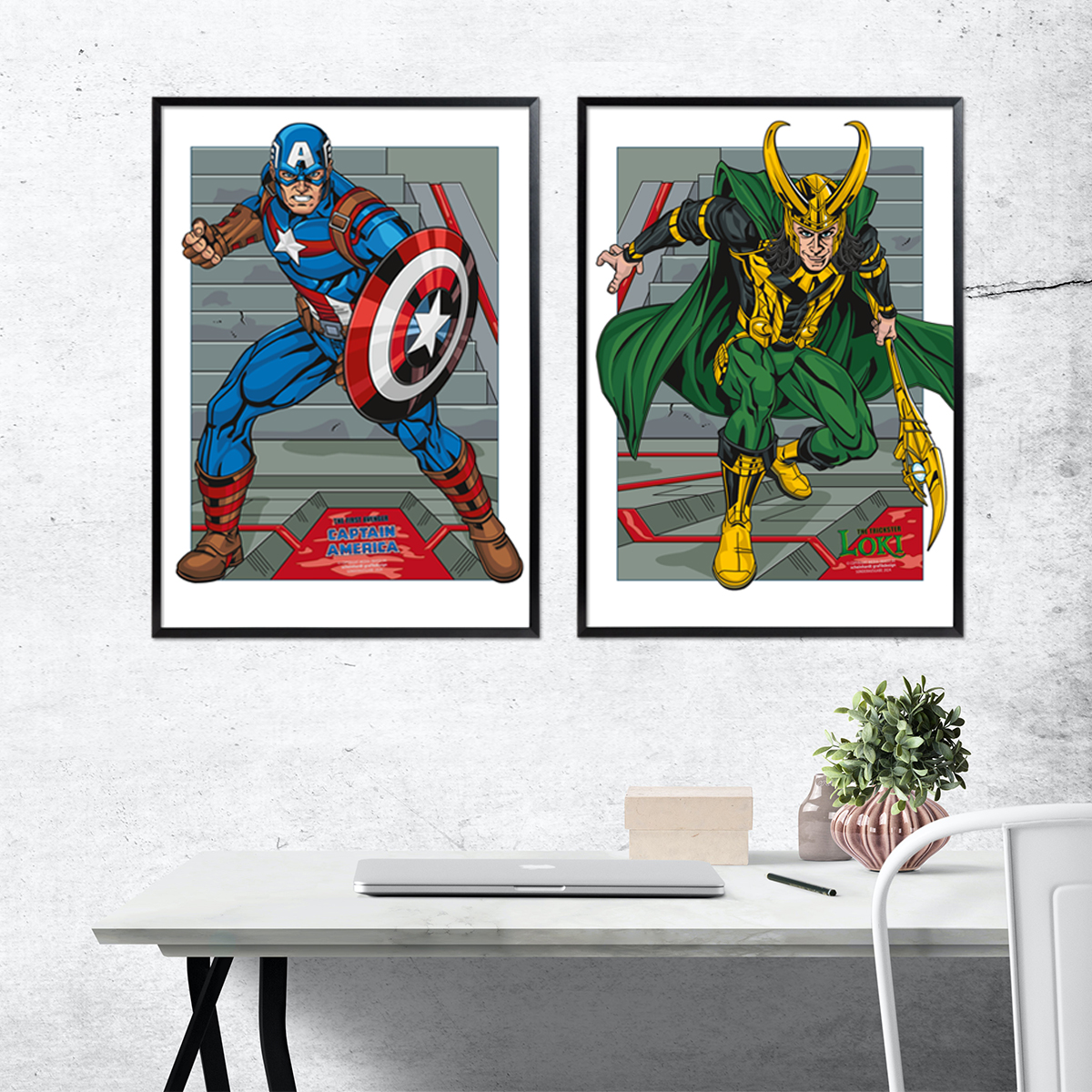 Poster Captain America vs Loki im Rahmen und Raumansicht