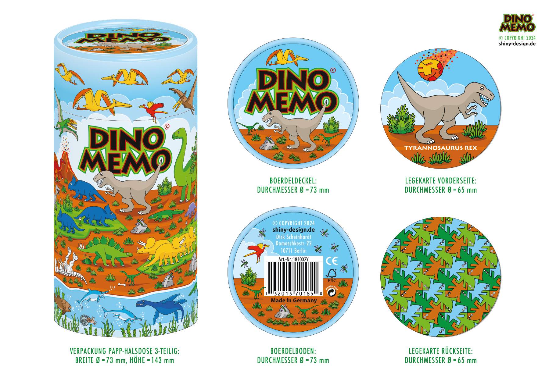 Dino Memo Verpackung, Deckel, Boden, Legekarte