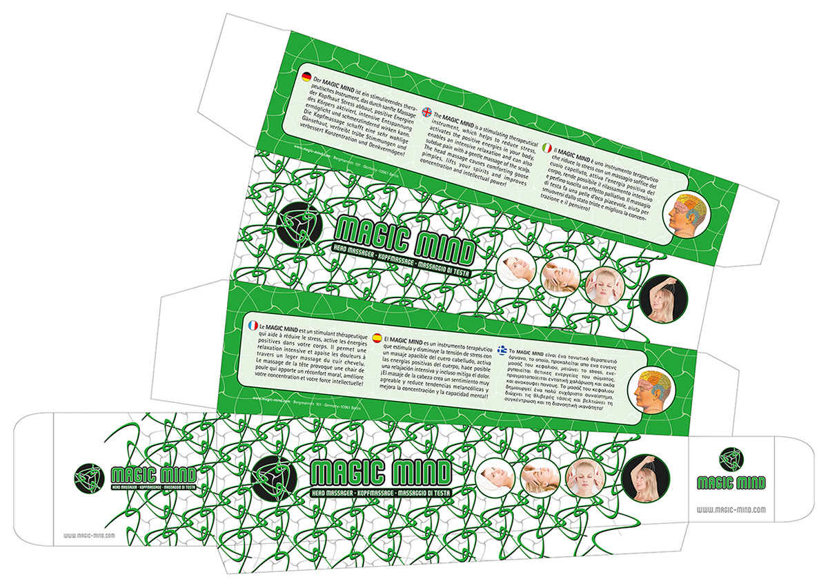 Verpackung Magic Mind - Illustriert mit Muster, Abbildungen Kopfmassage, Beschreibung sechs Sprachen.