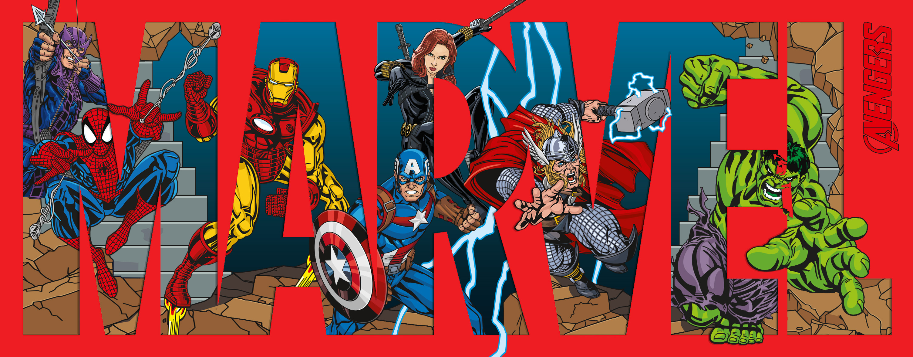 Marvel Logo mit Comicfiguren gefüllt