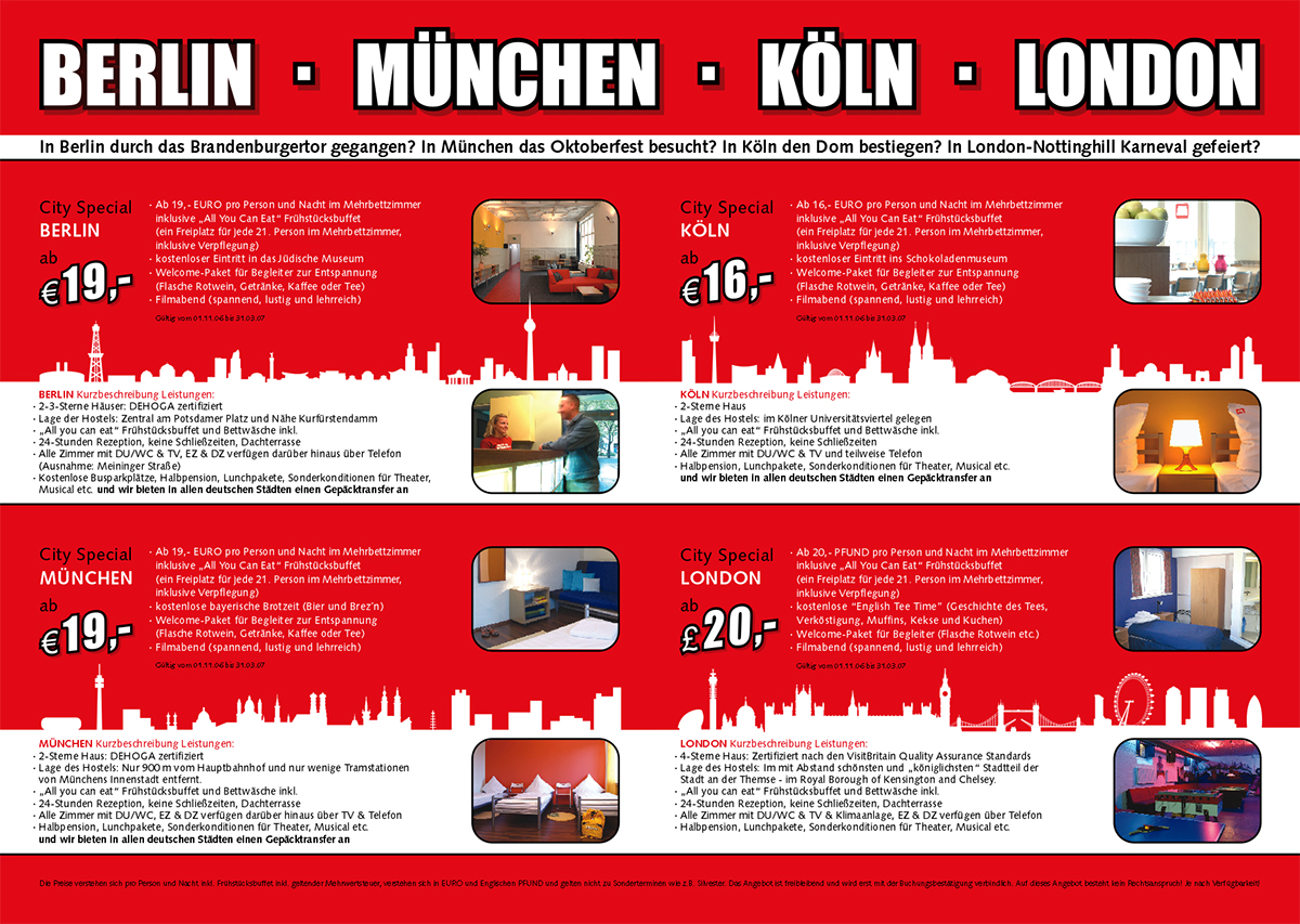 Mailinger Flyer Rückseite Meininger mit Skyline London weiss auf rot.