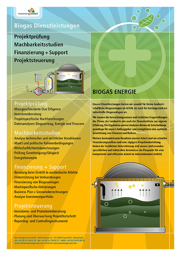Redesign New Energy Scout - Flyer Biogas nachher mit Illustration von Biogasanlage