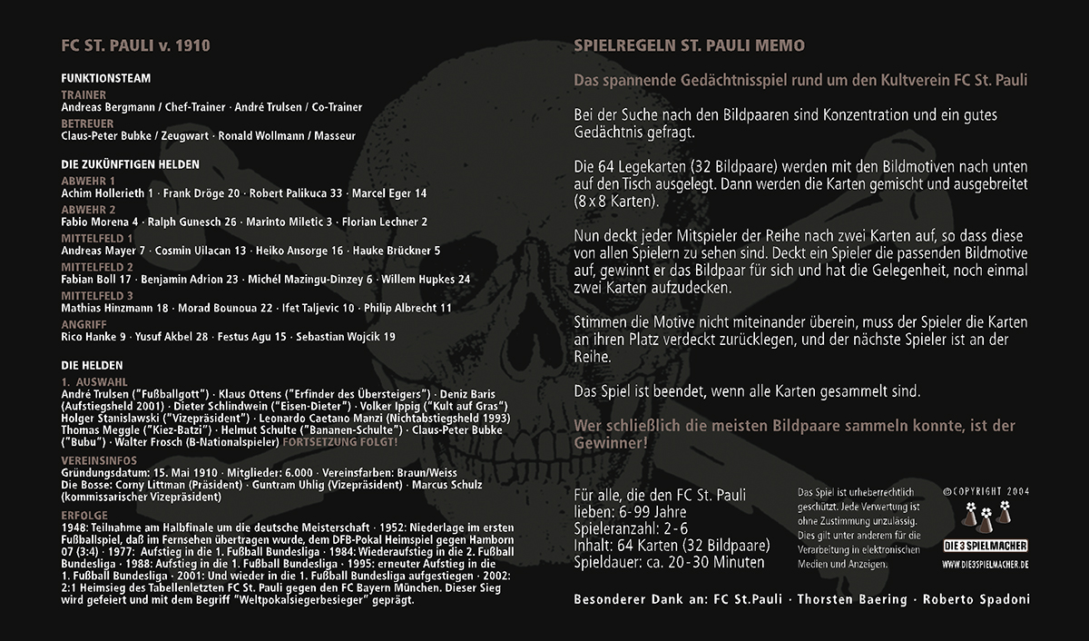 St. Pauli Memory Einlegeblatt Rückseite